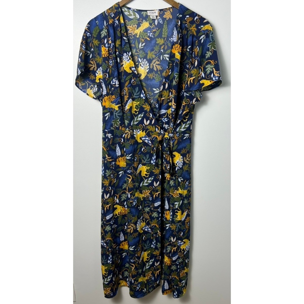 J.Crew Wrap Dress 16 Navy Blue Leopard Tropical Jungle Print Midi‎ V-Neck Summer